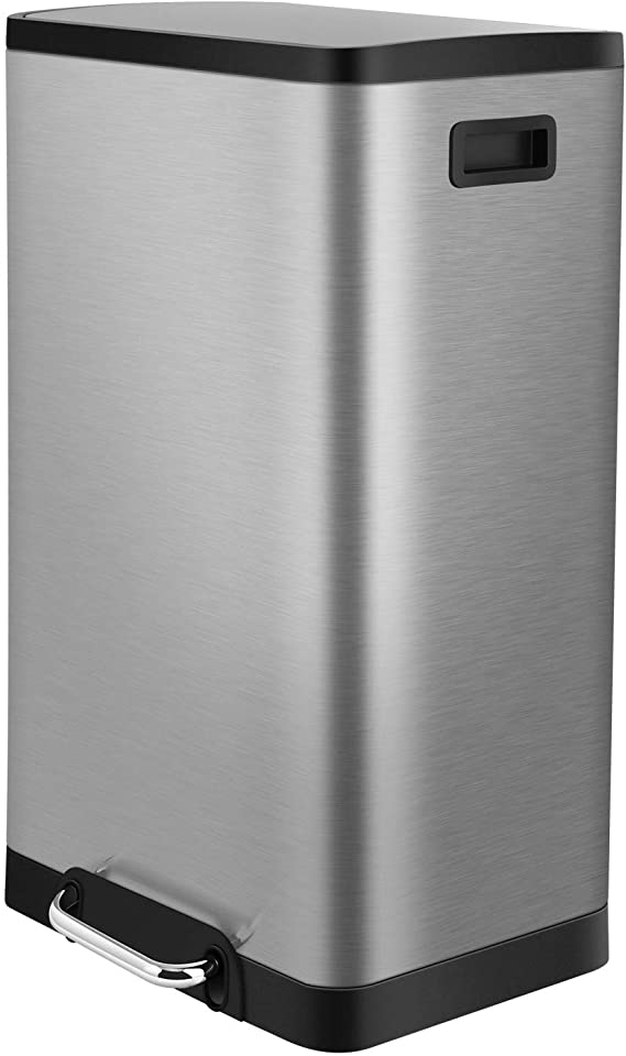 HEMBOR 11.8 Gallon (45L) Trash Can, Stainless Steel Rectangular Hands-Free Garbage Bin with Soft-Close Lid, Inner Bucket & Durable Step Pedal, Suit for Bathroom Kitchen Home Office Indoor Outdoor