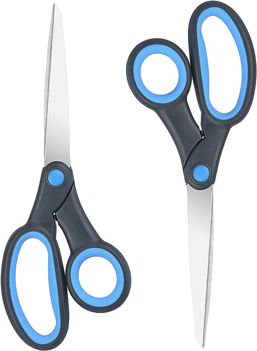 Left Handed Scissors for Adults Kids Student, 8 Inch Lefty Stainless Steel Sharp Blade Soft Comfort-Grip Handles Blunt Scissors, 2-Pack, Black/Blue