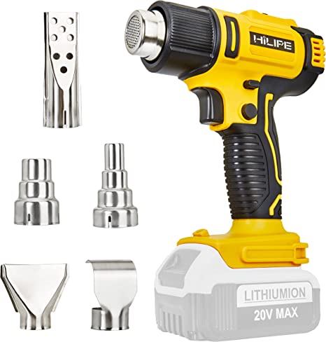 HILIPE Cordless Heat Gun for DeWALT 20v Battery,Lithium Hot Air Gun, 5 Nozzle Attachments,2-Temp Setting Max 1022°F(550°C),Heat Gun for Shrink Wrapping, Tube Bending (Tool Only, NO Battery)
