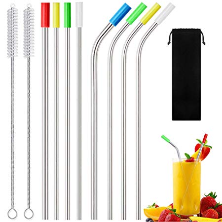 Set of 8 Stainless Steel Straws Extra Long 10.5 Inch Reusable Drinking Metal Straws For 20 30 oz Yeti Tumbler Coffee Tea Cocktails Mug Cold Beverage Straws 2 Sizes 6mm|8mm (4 Straight|4 Bent|2 Brushes)
