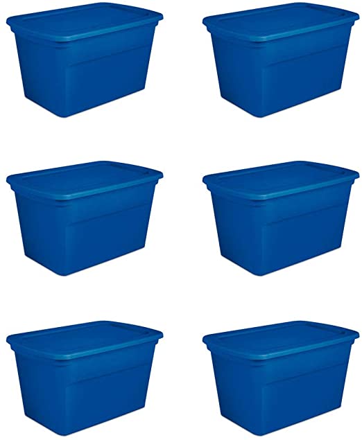 Sterilite 30 Gallon Plastic Stackable Storage Tote Container Box, Blue (6 Pack)