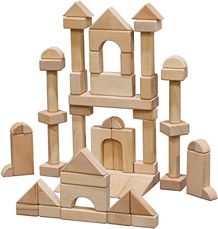 ECR4Kids Hardwood Unit Block Play Set with Canvas Carry Case - Educational Wood Building Block Kit, Natural Finish (64-Piece Set)