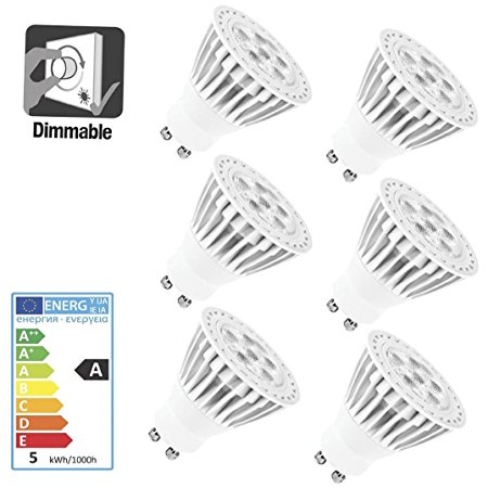 6pack Allcam Dimmable LED GU10 Bulbs 5W Bright Warm White, Replace 35-50W Halogen Lights, 48mm Height, Perfect as LED Spotlight or Downlights