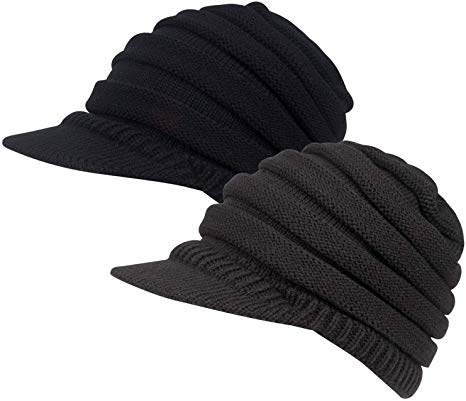 YSense 2 Pack Women Winter Warm Knit Hat Slouchy Beanie Cap with Visor