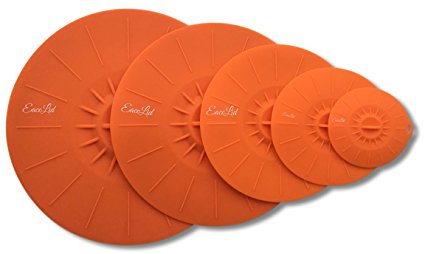 EacoLids Silicone Lids & Microwave Dish Covers - Set of 5 "Press & Seal" Suction Pan Lids * Best Bowl & Pot Lids * Use Instead of Cling Film, Kitchen Foil or Plastic Containers * Lids Fit Glass, Plastic, Stainless Steel, Melamine or Ceramic Dishes * Oven, Microwave, Freezer & Dishwasher Safe * FDA & CE Approved * BPA Free