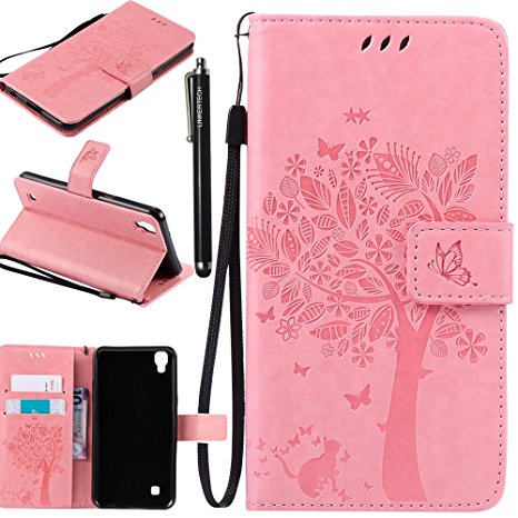 LG X Power Case, LG K6P Case, Linkertech [Kickstand Feature] PU Leather Wallet Flip Pouch Case Cover with Wrist Strap & Card Slots for LG X Power (Pink)