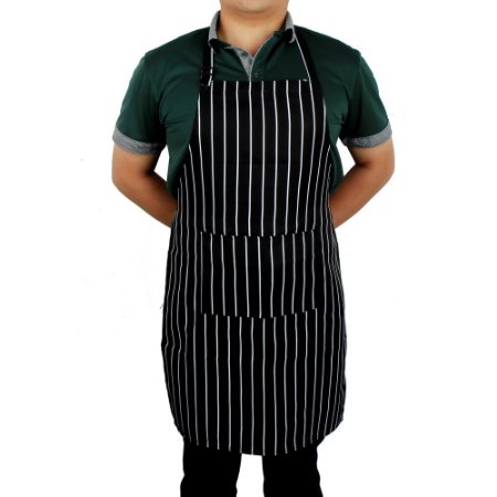 Sshining Professional White/Black Pinstripe Chef Bib Apron With Two Pockets, Adjustable Neck& Waist Ties Kitchen Cooking Apron for Womens/Mens (32.67 inches by 26.77 inches)