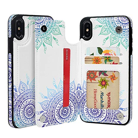 iPhone Xs Max Case 6.5", Folio Style Wallet Case with Card Holder, Side Cash Pocket Double Magnetic Clasp Shockproof Flip Leather Cover Edge Raised Drop Protection Skin for iPhone Xs Max, Mandala