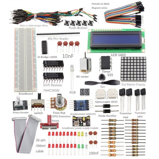 Sunfounder Project Super Starter Kit w/ 26-Pin GPIO Extension Board, GPIO Cable, H-Bridge L293D, ADXL335, DC Motor, 7-Segment, Dot Matrix Display for Raspberry Pi
