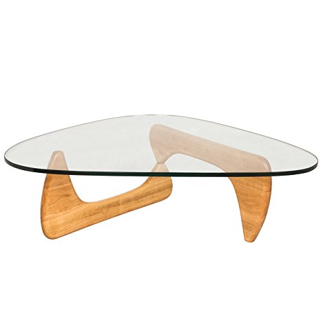 LeisureMod Imperial Glass Top Triangle Coffee Table (Natural Wood Base)