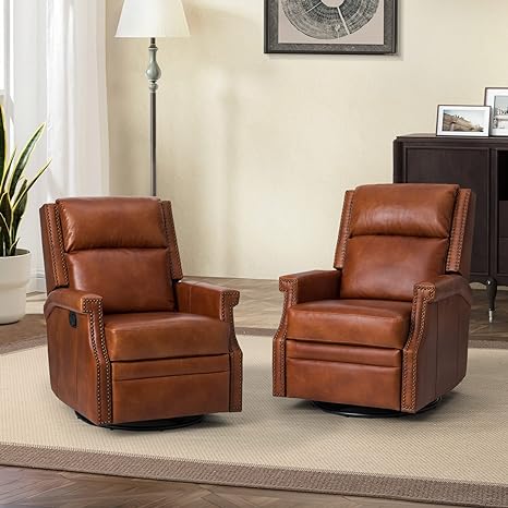 HULALA HOME Genuine Leather Swivel Rocker Recliner Chair Set of 2 for Living Room,Manual Glider Recliner with Adjustable Backrest & Footrest,Modern Home Theater Sofa Armchair with Nailhead Trim,Brown