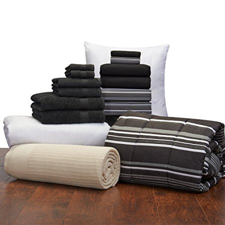 16 Piece Guys Student Starter Pak – Twin XL College Dorm Bedding and Bath Set (Color: Black and Black Easton)