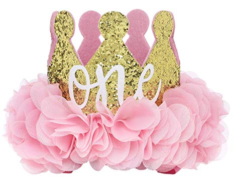 Posh Peanut First Birthday Hat ONE Cute Baby Crown Princess Tiara Sparkle Gold Pink Flower Design