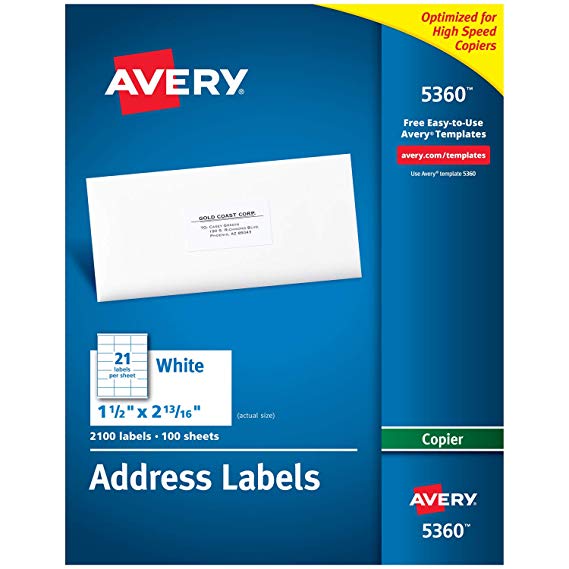 Avery Address Labels for Copiers 1-1/2 x 2-13/16-Inches, Box of 2,100 (5360)