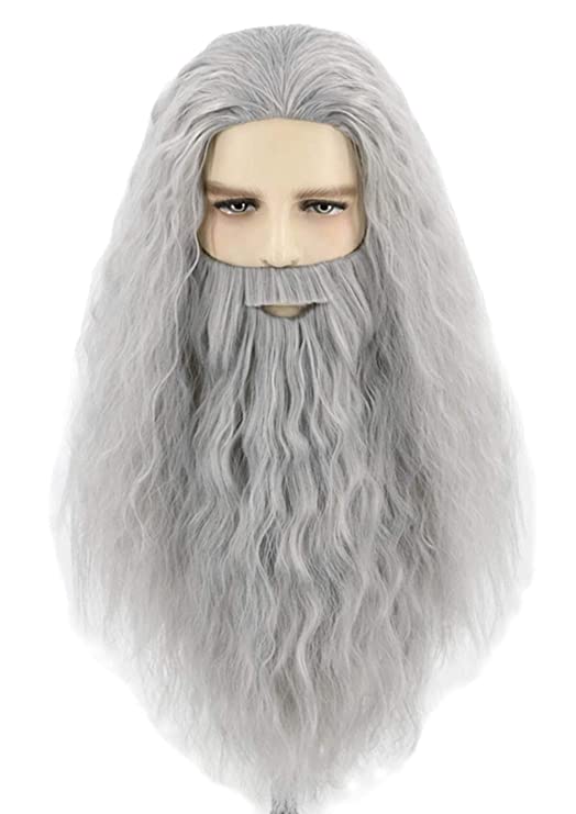 Topcosplay Mens Wigs and Beard Long Gray Cosplay Halloween Costume Wig