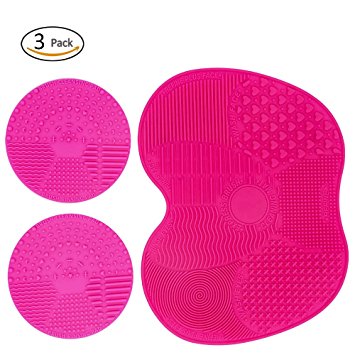 Slash Price for Makeup Brush Cleaning Mat by SuCoo, Makeup Brush Cleaner Pad Set of 3 Silicone Cosmetic Brush Cleaning Mat Portable Washing Tool with Suction Cups (Pink)