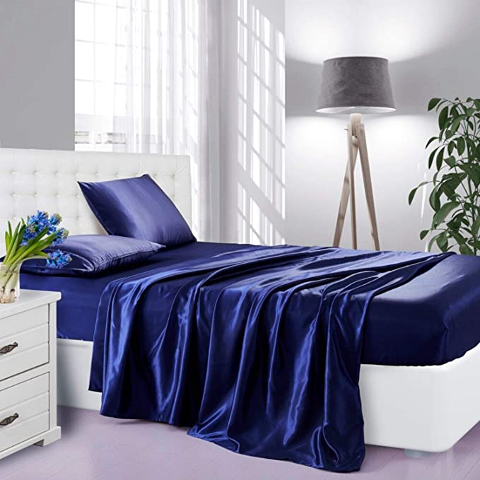 Silk Satin Sheets, 4-Piece Full Size Satin Bed Sheet Set with Deep Pockets, Cooling and Soft Hypoallergenic Satin Sheets Full - Navy Blue