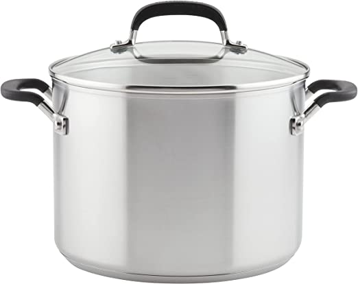 KitchenAid Stainless Steel Stockpot with Measuring Marks and Lid, 8 Quart, Brushed Stainless Steel