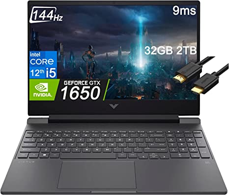 HP Victus 15t 15.6" FHD 144Hz IPS (Intel 12th Gen i5-12450H (Beats i7 10750H), 32GB RAM, 2TB PCIe SSD, GeForce GTX 1650 4GB) Gaming Laptop, Backlit Keyboard, Type-C, IST Computers Cable, Win 11 Home