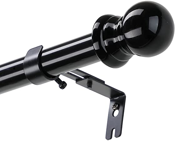 Harrms 1'' Black Curtain Rod -Single Curtain Rod Set with Brackets-Adjustable Standard Decorative Window Curtain Rod with Round Finials for Kitchen Bedroom Window，30 to 90 inches