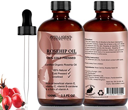 Rosehip Oil 100% Cold Pressed Pure Certified Organic Oil 100ml Best Known Facial Oil with Vitamin E, Vitamin C, B-carotene and a Form of Vitamin A