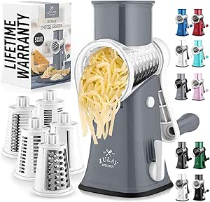 Zulay Rotary Cheese Grater 5 Blade Cheese Shredder - Manual Hand Crank Cheese Grater With Reinforced Suction & 5 Interchangeable Drums - Easy to Use Vegetable Chopper - Cloud Whisper