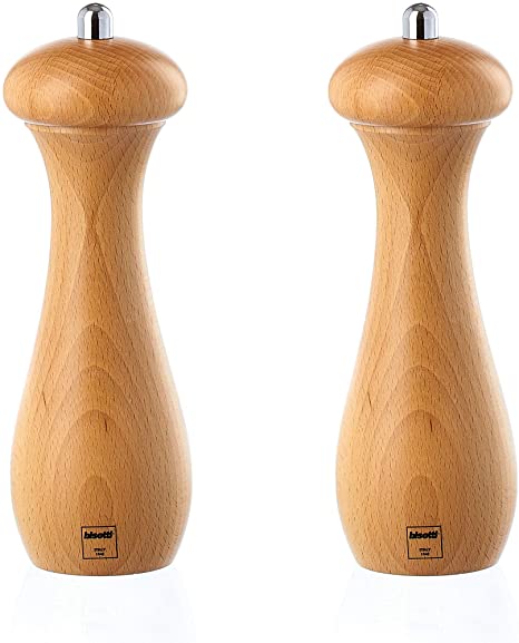 Bisetti Livorno 8.5 Inch Salt & Pepper Mill Set With Adjustable Grinder, Made in Italy (Natural)