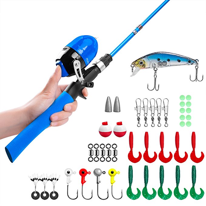 PLUSINNO Kids Fishing Pole,Telescopic Fishing Rod and Reel Combos with Spincast Fishing Reel and String with Fishing Line