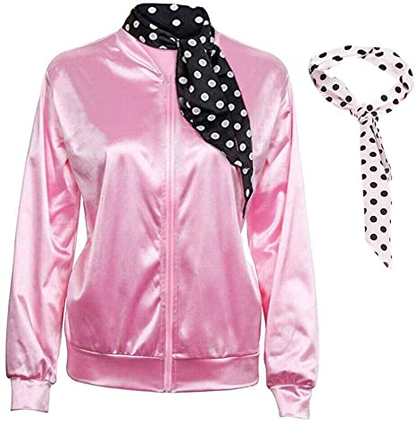 1950s Pink Satin Jacket with Neck Scarfs (Black and White) Women Halloween Fancy Dress Costume