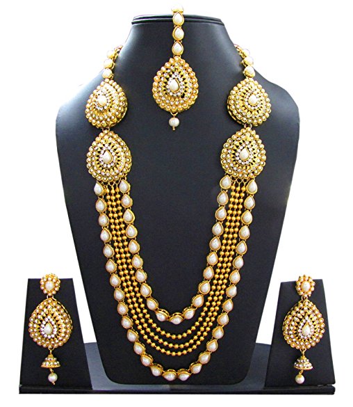Shoppingover Womens Kundan Polki Pearls Gold Necklace Set with Earrings