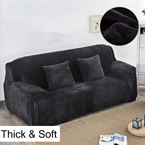 Thick Sofa Covers 1/2/3/4 Seater Pure Color Sofa Protector Velvet Easy Fit Elastic Fabric Stretch Couch Slipcover size 4 Seater:235-300cm (Black)