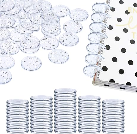 50 Pieces Expansion Discs Notebooks Planner Discs, Book Expansion Discs for DIY Notebooks Planners, Clear with Silver Sequins (1 Inch)