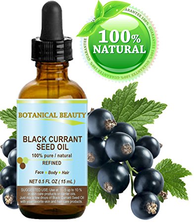 BLACK CURRANT SEED OIL. 100% Pure / Natural / Undiluted / Refined Cold Pressed Carrier oil. 0.5 Fl.oz. - 15ml. For Skin, Hair, Lip and Nail Care. "One of the richest in gamma-linolenic acid, Omega 3, 6 and 9 Essential Fatty Acids". by Botanical Beauty