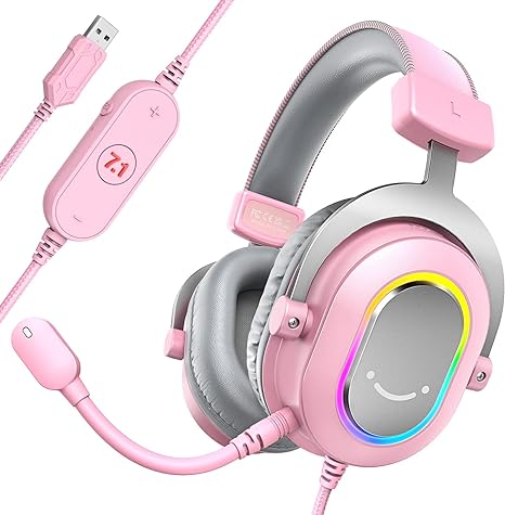 FIFINE PC Gaming Headset, USB Wired Headset with Microphone, 7.1 Surround Sound, in-Line Control, Computer RGB Over-Ear Headphones for PS4/PS5, for Streaming/Game Voice/Video-AmpliGame H6 (Pink)