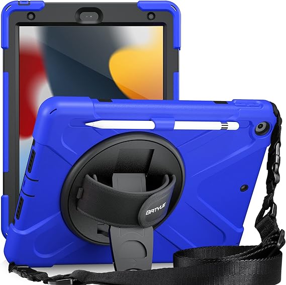 BATYUE iPad 9th/ 8th/ 7th Generation Case 10.2’’, Shockproof Case with Screen Protector Pencil Holder [360° Rotating Hand Strap] &Stand, Kids Case for iPad 10.2 inch 2021/2020/2019, Blue