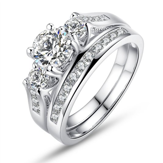 Bamoer Set of 2 White Gold Plated Rings with Cubic Zirconium Stones - Wedding Band and Engagement Ring Set 6-9 Size