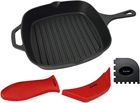 Cast Iron Grill Pan (Pre-Seasoned) 10.5” - Square Fry Pan - Including Silicone Hot Handle Holder   Assist Handle Cover