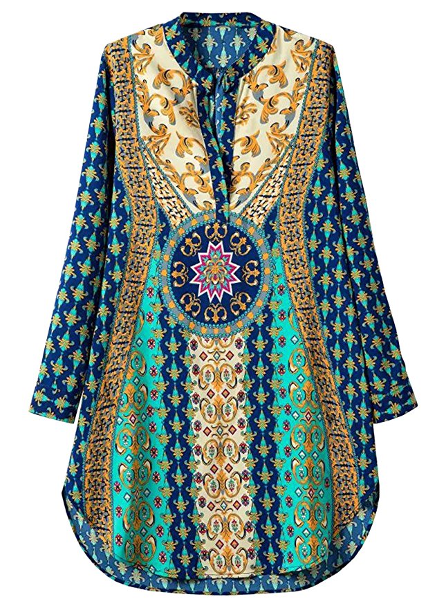 Futurino Women's Bohemian V Neck Side Slit Tribal Print Shift Mini Dress