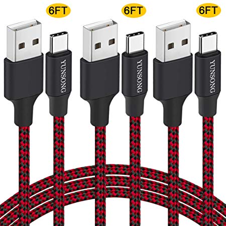 USB Type C Cable, YUNSONG 3Pack 6FT USB-A 2.0 to USB-C Fast Charger Nylon Braided Data Sync Transfer USB C Cord Compatible with Samsung Galaxy S10 S9 S8 Plus Note 9 8,Moto Z,LG V30 V20 G5(Red)