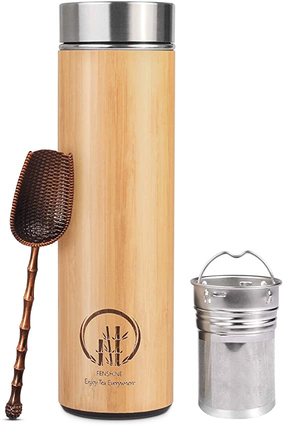 Fenshine Bamboo Tea Tumbler with Infuser and Strainer, 17oz Bamboo Water Bottles Vacuum Insulated Stainless Steel Travel Tea Mug with Mesh Filter For Loose Tea