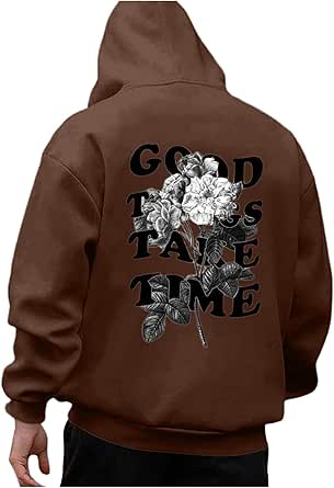 Mens Graphic Hoodies Good Things Take Time Letter Print Pullover Fleece Lined Long Sleeve Casual Tops Sweatshirts with Pocket