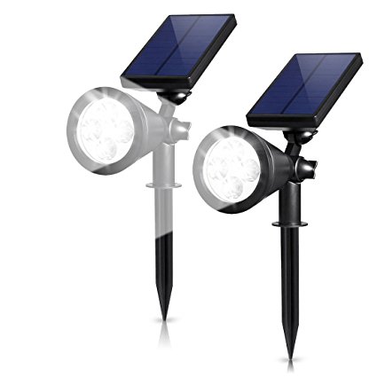 Solar Spotlights - Set of 2 Landscape LED Lights with 200 Lumens Bright White Light - IPX65 Waterproof and Dust-Proof Rating, Adjustable Angle - Can Also Be Mount On Wall - Includes Screws & Wall Anchors
