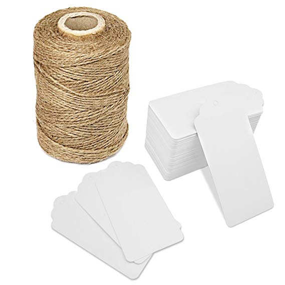 300 Feet Natural Jute Twine and 100PCS White Gift Tags & Price Tags Lables by Blisstime