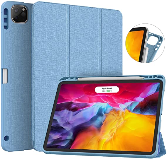 Soke New iPad Pro 11 Case 2020 & 2018 with Pencil Holder - [Full Body Protection   Apple Pencil Charging   Auto Wake/Sleep], Soft TPU Back Cover for 2020 iPad Pro 11 inch(LightBlue)