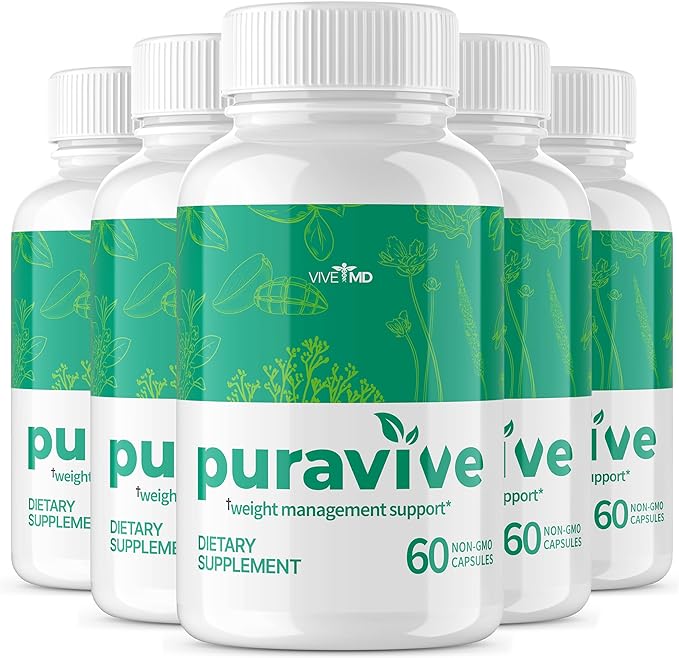 VIVE MD Puravive Premium Weight Management Capsules - Advanced Formula with 60 Non-GMO Capsules - Featuring Garcinia Cambogia, Mango Fruit Powder, and Raspberry Ketones Extract (5-Pack)