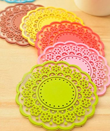 ONOR-Tech Set of 6 Lovely Cute Sweet Semitransparent Lace Cup Mat Silicone Rubber Coaster for Wine, Glass, Tea