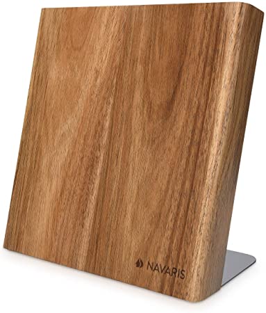 Navaris Wooden Magnetic Knife Holder - Universal Wood Magnetic Block & Organizer for Knives, Scissors, Utensils - Acacia, 9.1" x 8.9"