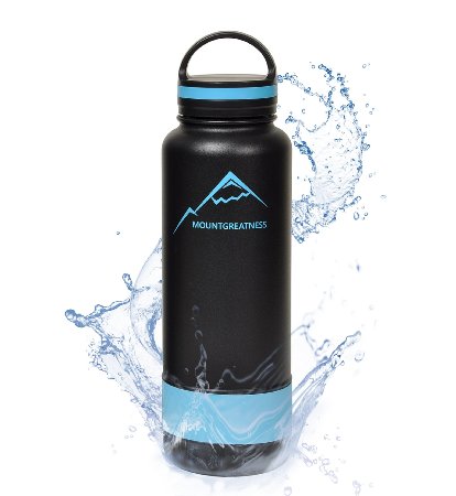 Mountgreatness Insulated Stainless Steel Water Bottle, 40 Oz, Double Wall, Rubber Ring, Wide Mouth Opening, BPA Free, Cold 24 Hrs / Hot 12 Hrs