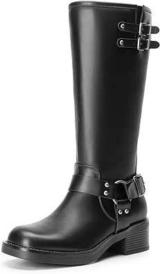 DREAM PAIRS Women's Knee High Boots Side Zipper Motorcycle Boots Square Toe Chunky Low Heel Fashion Buckles Biker Riding Boots