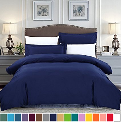 SUSYBAO 3 Pieces Duvet Cover Set 100% Natural Cotton King Size 1 Duvet Cover 2 Pillow Shams Navy Blue Hotel Quality Soft Breathable Fade Stain Wrinkle Resistant Easy Care with Zipper Ties